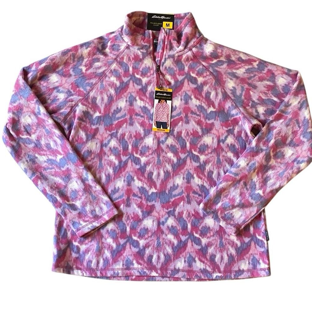 EDDIE BAUER Women Size M Pink Abstract 1/4 Zip Polar Fleece Pullover NWT
